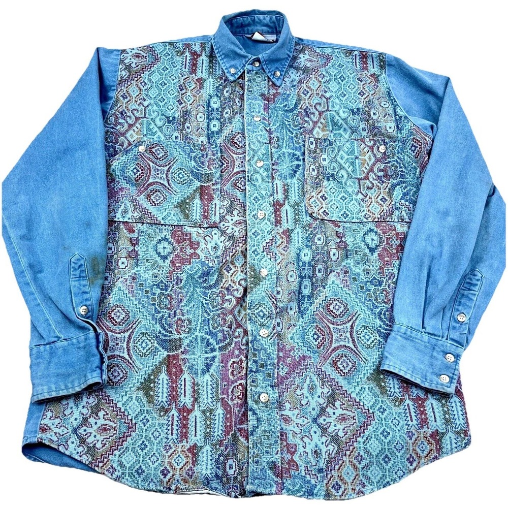 Vintage Kenny Rogers Western Shirt Men Medium Blue Denim Button Up Ranch Cowboy*